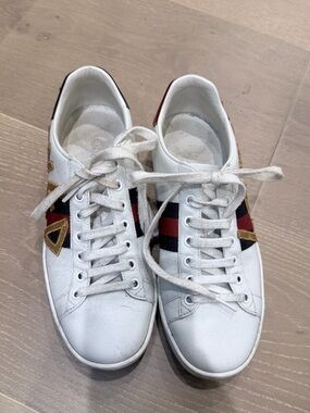Gucci White Leather Sneakers with Red, Black & Gold Web Stripe
